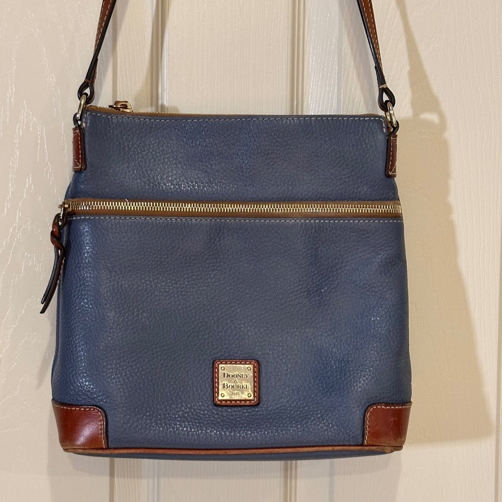 Dooney & Bourke Pebbled Leather North South Crossbody Bag Blue Brown Trim